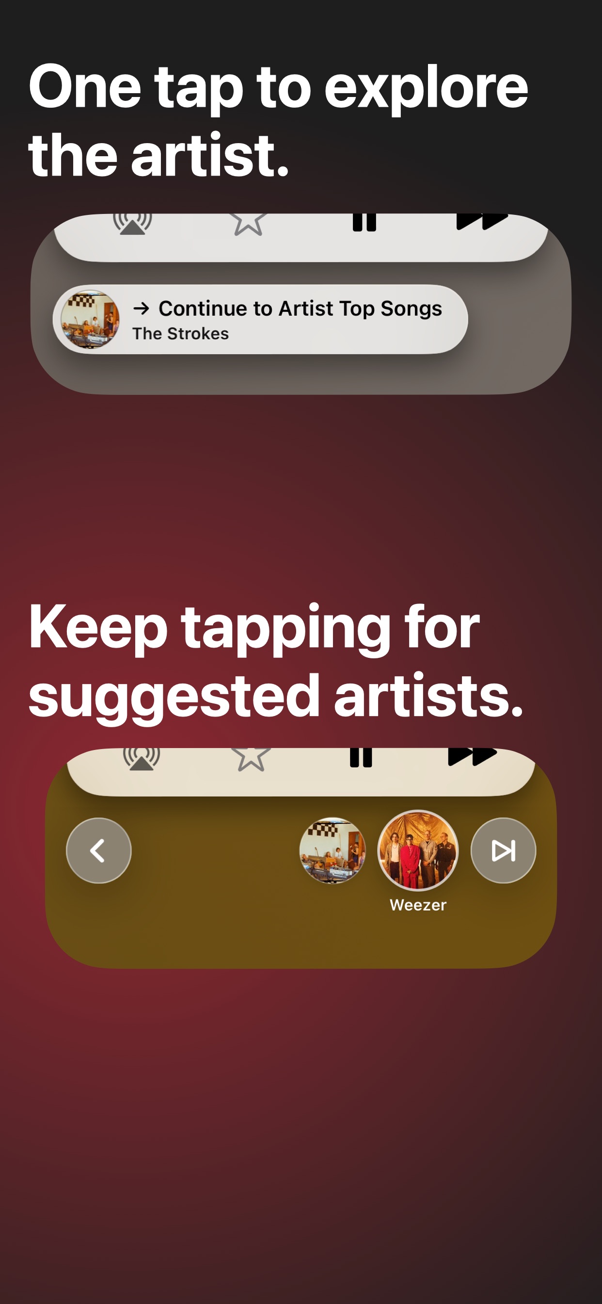 アーティストの人気曲やおすすめアーティストへ続けて進む操作を表示するSkipFresh。