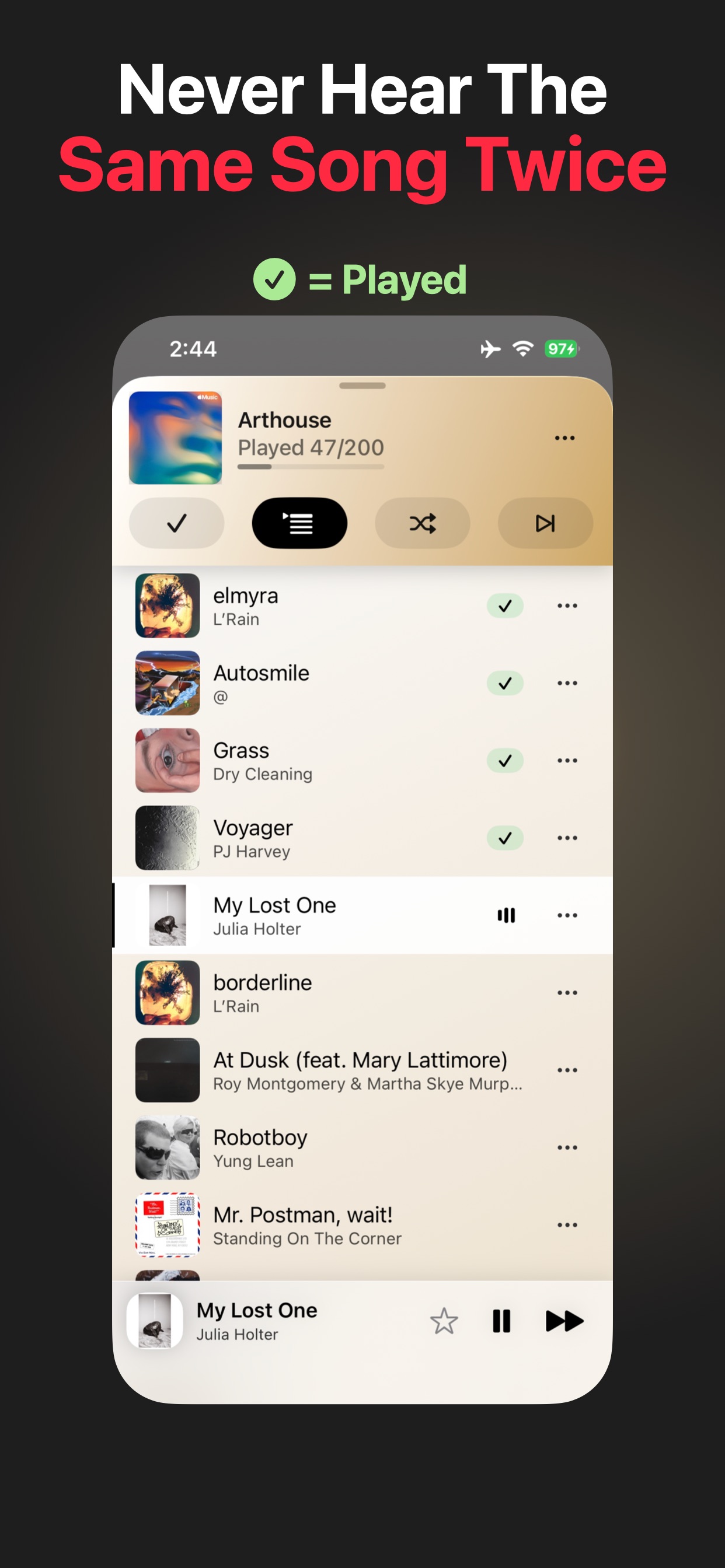 プレイリスト内の再生済みの曲に緑色のチェックを表示するSkipFresh。