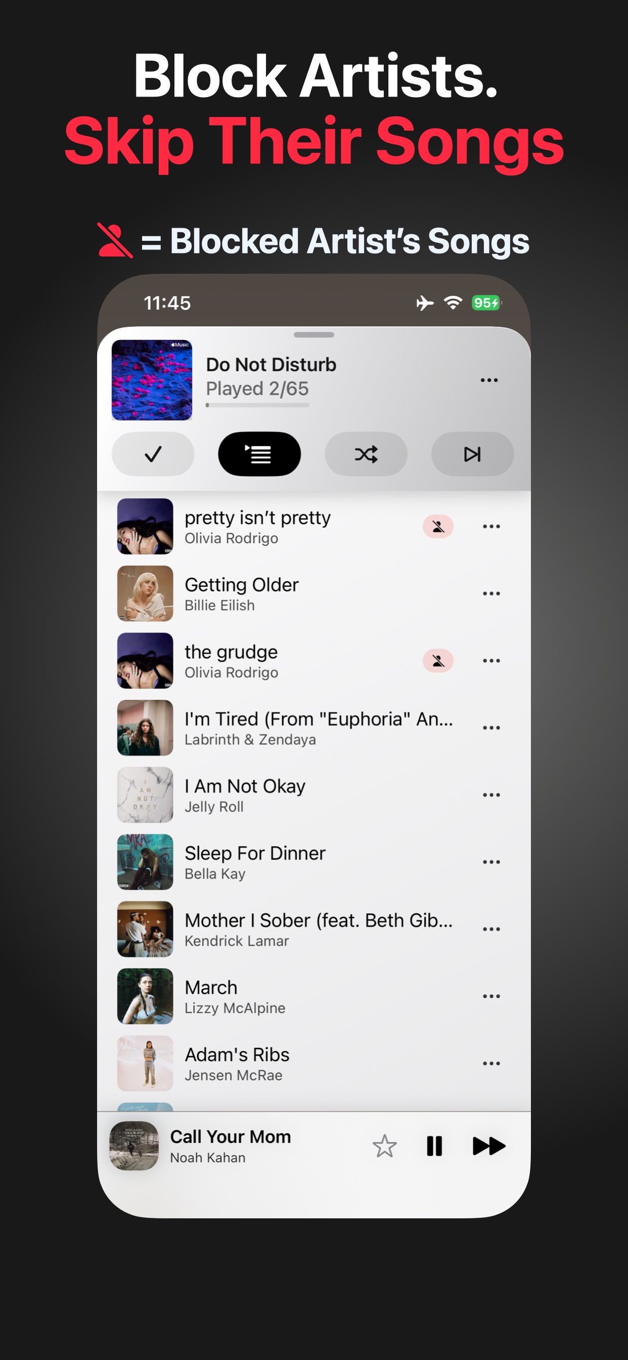 ブロックしたアーティストの曲にブロックアイコンを表示するSkipFresh。